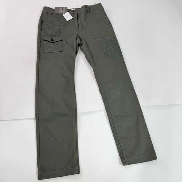 J Jill Ankle Pants Womens 8 Army Green Embroidered Straight Floral Cotton - Picture 1 of 10